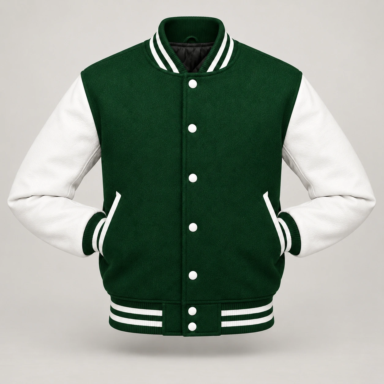 Forest Green Wool and White Leather Varsity Jacket, front with sleeves tucked into outer pockets