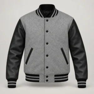 Grey Wool and Black Leather Varsity Jacket, front view