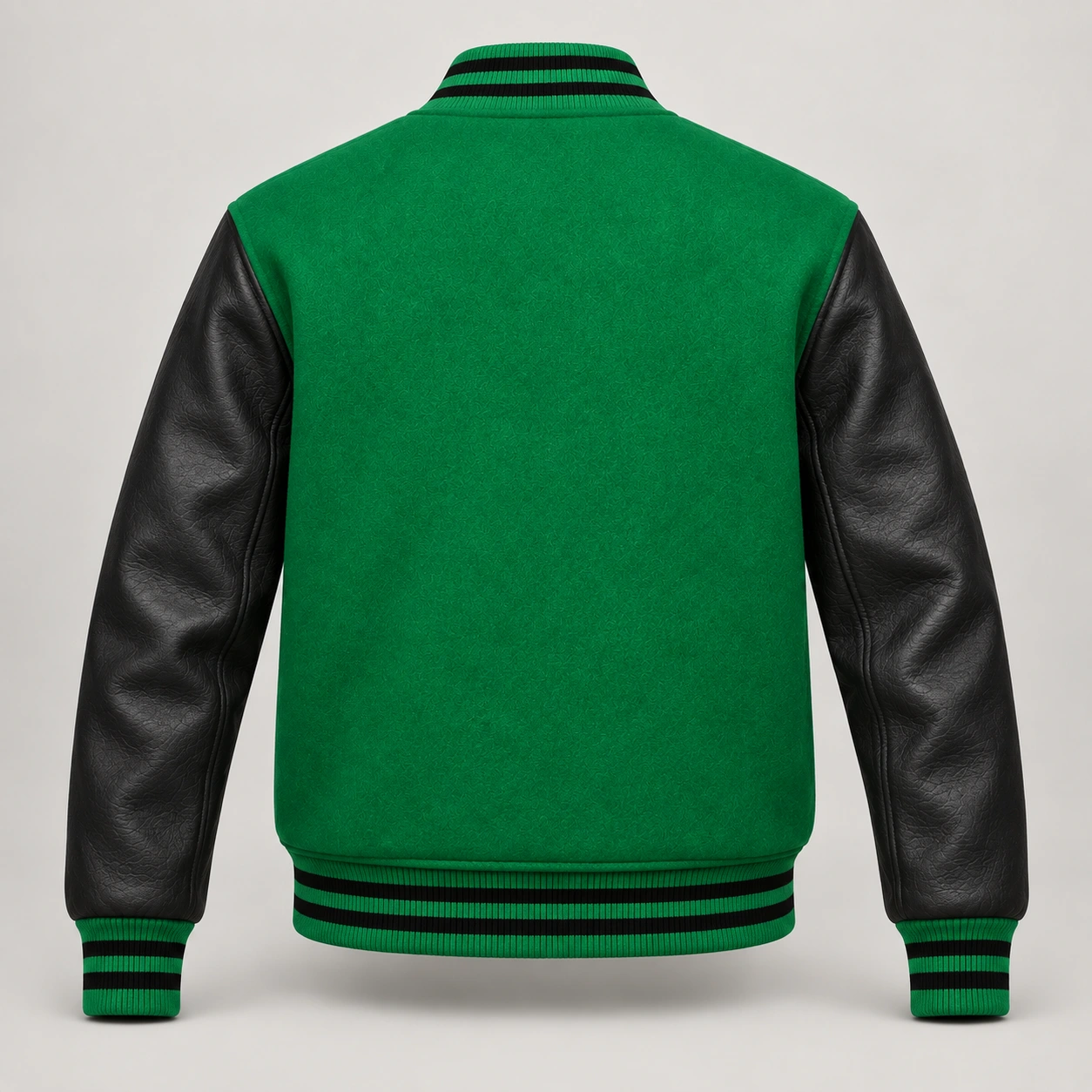 Kelly Green Wool and Black Leather Varsity Jacket, back view
