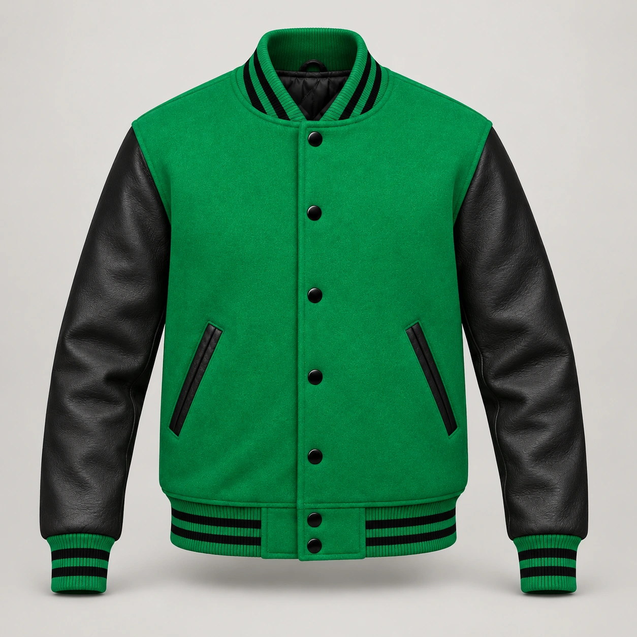 Kelly Green Wool and Black Leather Varsity Jacket, front view