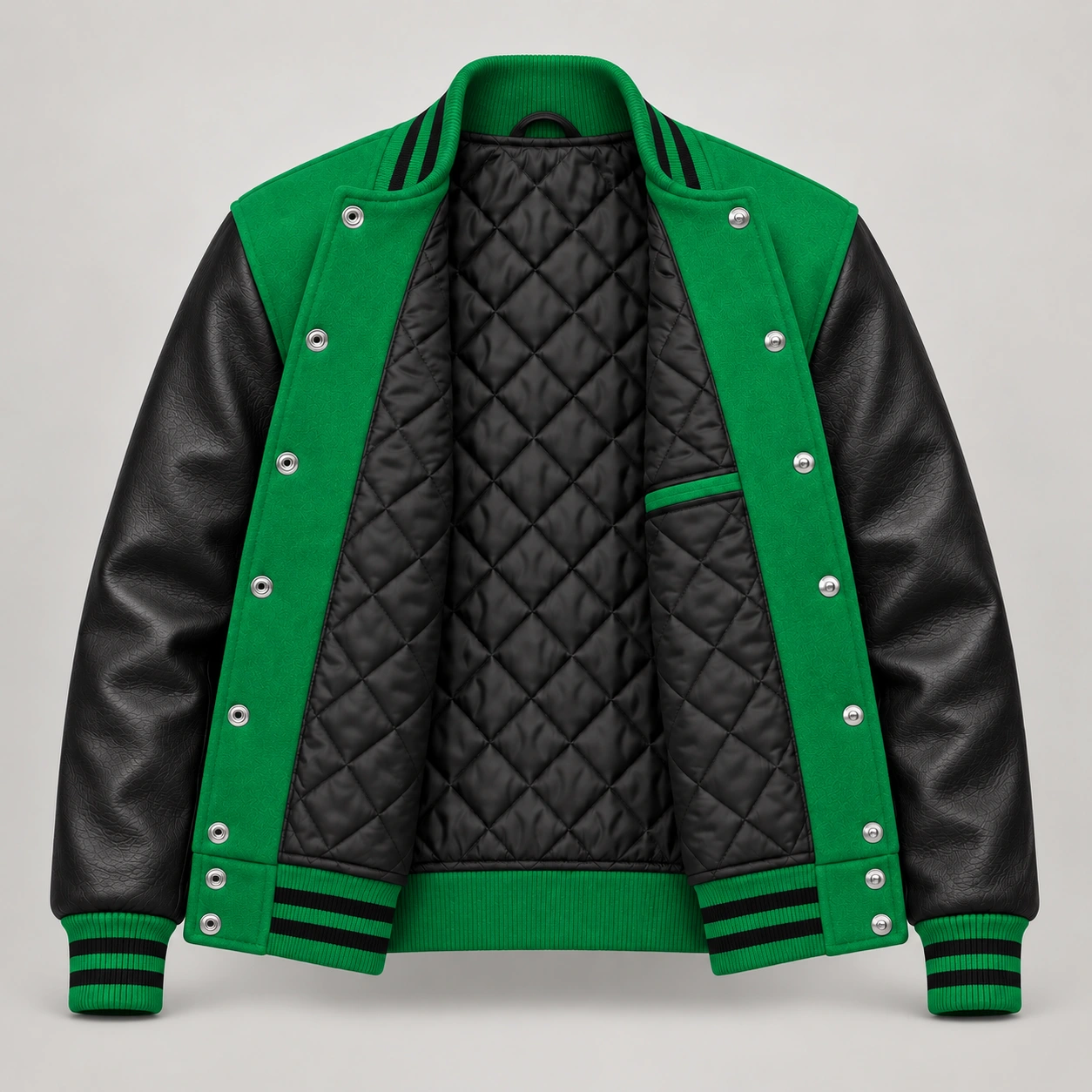Kelly Green Wool and Black Leather Varsity Jacket, open black quilted lining with one left interior pocket and steel snap backs