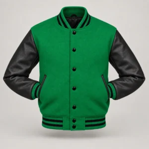 Kelly Green Wool and Black Leather Varsity Jacket, front with sleeves tucked into outer pockets