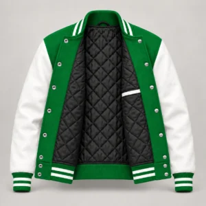 Kelly Green Wool and White Leather Varsity Jacket, open black quilted lining with one left interior pocket and steel snap backs