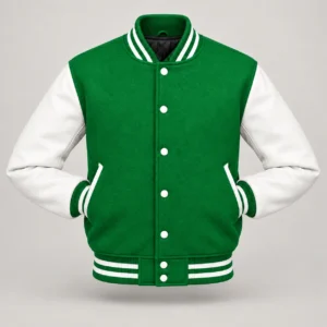 Kelly Green Wool and White Leather Varsity Jacket, sleeves tucked into outer pockets