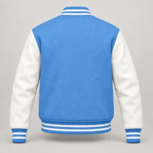 Light Blue Wool and White Leather Varsity Jacket, back view