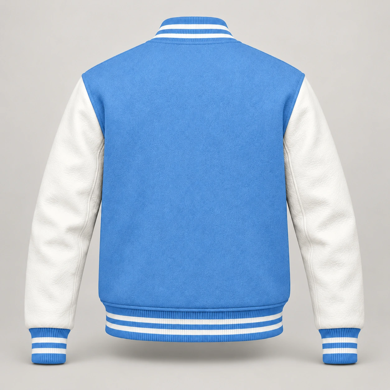 Light Blue Wool and White Leather Varsity Jacket, back view