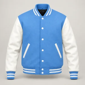 Light Blue Wool and White Leather Varsity Jacket, front view