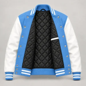 Light Blue Wool and White Leather Varsity Jacket, open black quilted lining with one left interior pocket and steel snap backs