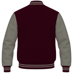 Maroon wool and grey leather varsity jacket, back view