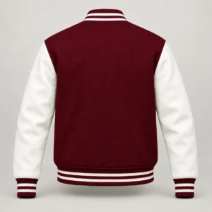 Maroon Wool and White Leather Varsity Jacket, back view