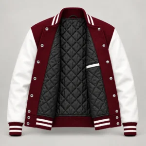 Maroon Wool and White Leather Varsity Jacket, open black quilted lining with one left interior pocket and steel snap backs