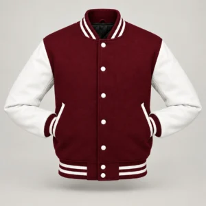 Maroon Wool and White Leather Varsity Jacket, front with sleeves tucked into outer pockets