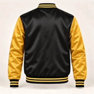 Men’s Black & Gold Satin Varsity Jacket — back view
