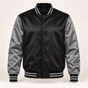 Men’s Black & Grey Satin Varsity Jacket — front view