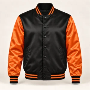 Men’s Black & Orange Satin Varsity Jacket — front view