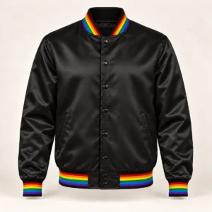 Men’s Black Satin Varsity Jacket – Rainbow Trim — front view