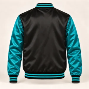 Men’s Black & Teal Satin Varsity Jacket — back view