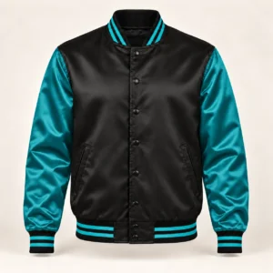 Men’s Black & Teal Satin Varsity Jacket — front view