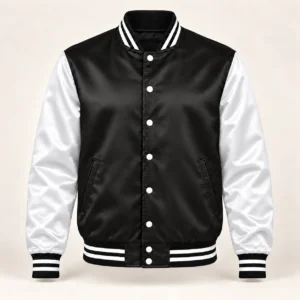 Men’s Black & White Satin Varsity Jacket — front view