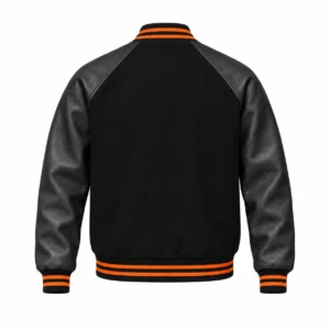Men's black wool and black leather retro varsity jacket, back view, orange knit trim