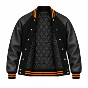 Men's black wool and black leather retro varsity jacket, open view showing black quilted lining and left interior pocket, orange knit trim