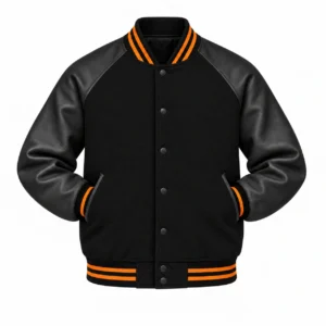 Men's black wool and black leather retro varsity jacket, sleeves tucked into front pockets, orange knit trim