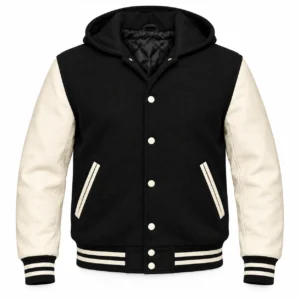 Men's Black Wool / Natural Cream Leather Hooded Varsity Jacket — front view
