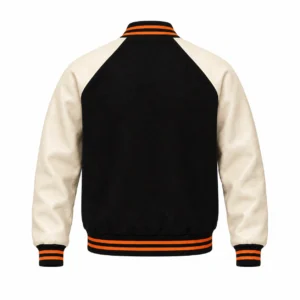 Men's black wool and natural cream leather retro varsity jacket, back view, orange knit trim