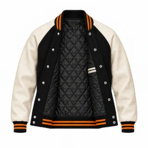 Men's black wool and natural cream leather retro varsity jacket, open view showing black quilted lining and left interior pocket, orange knit trim