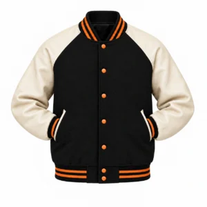 Men's black wool and natural cream leather retro varsity jacket, sleeves tucked into front pockets, orange knit trim