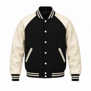Men's black wool and natural cream leather retro varsity jacket, front view