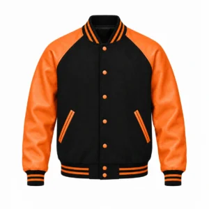 Men's black wool and orange leather retro varsity jacket, front view