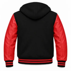 Men's Black Wool / Red Leather Hooded Varsity Jacket — back view