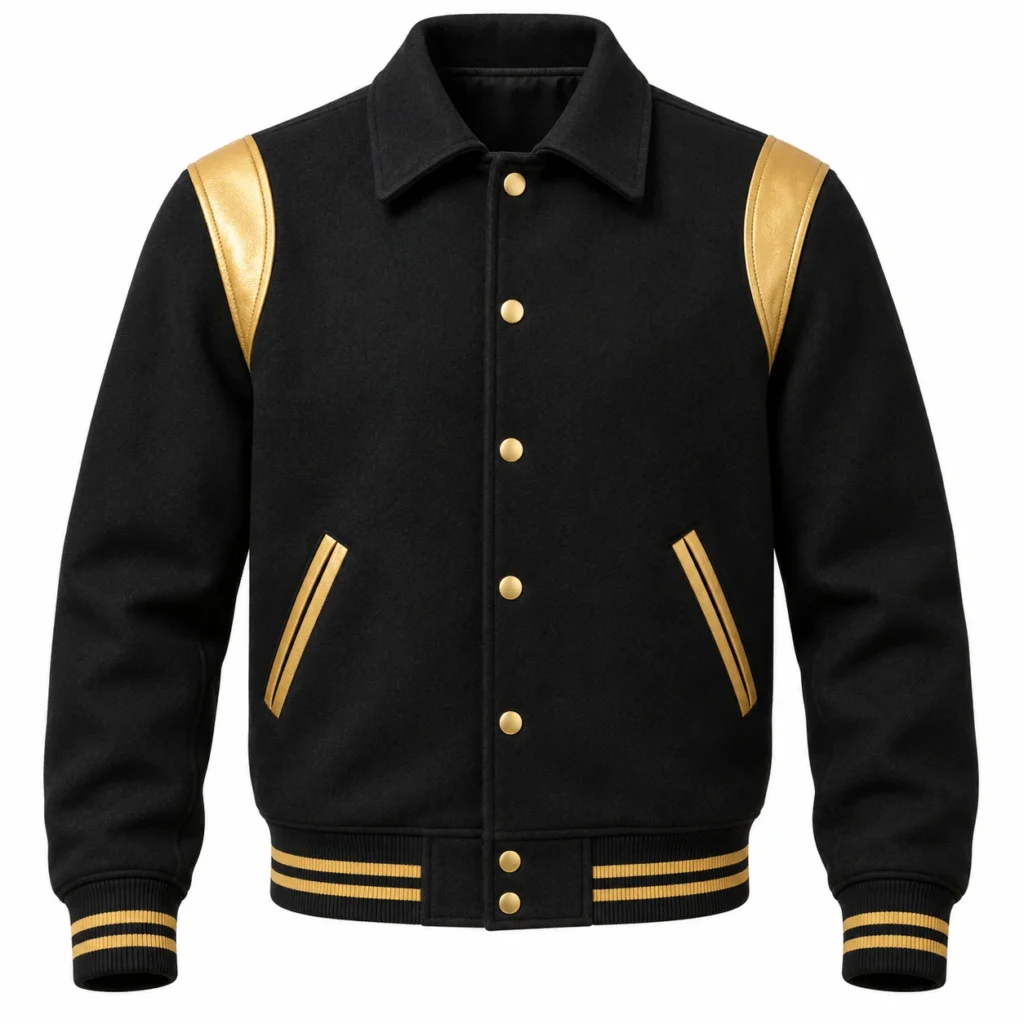 Black wool retro varsity jacket with gold leather accents, front view