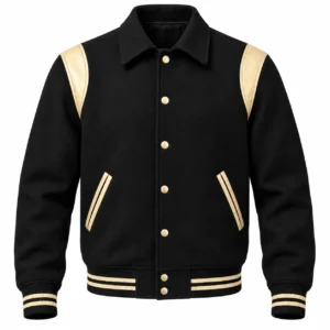 Men's Black Wool Retro Varsity Jacket – Natural Cream Leather Accents - front view