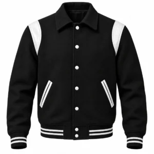 Men's Black Wool Retro Varsity Jacket – White Leather Accents - front view
