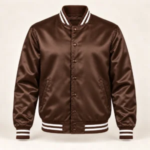 Men’s Brown Satin Varsity Jacket – White Stripe Trim — front view
