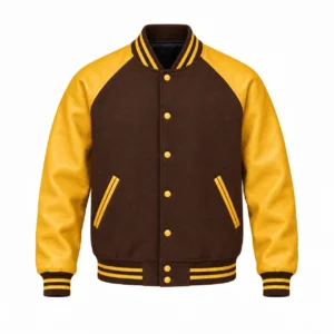 Men's brown wool and gold leather retro varsity jacket, front view