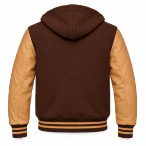 Men's Brown Wool / Tan Leather Hooded Varsity Jacket — back view