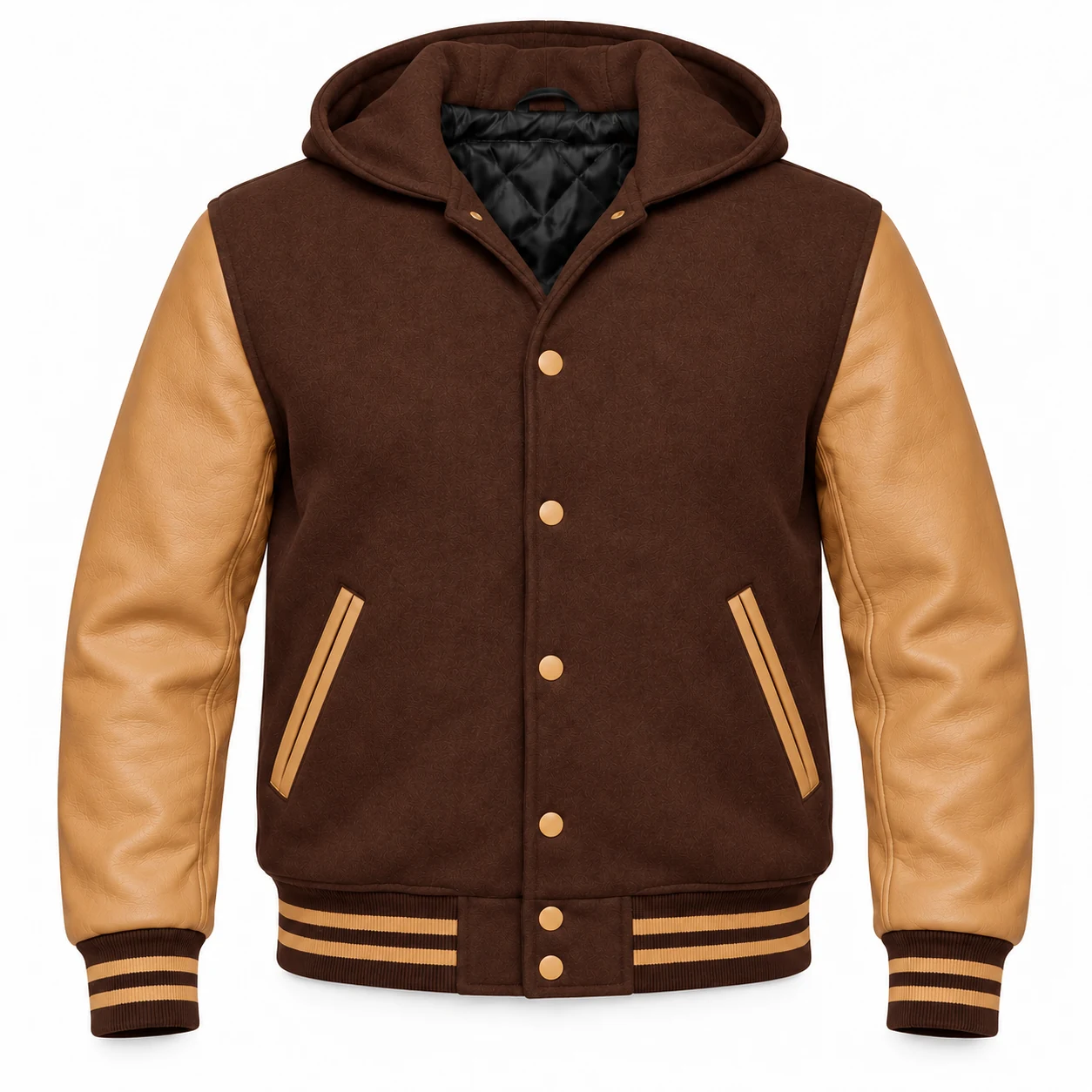 Men's Brown Wool / Tan Leather Hooded Varsity Jacket — front view