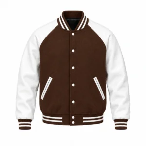 Men's brown wool and white leather retro varsity jacket, front view