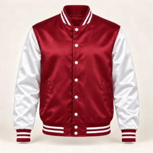 Men’s Cardinal & White Satin Varsity Jacket — front view