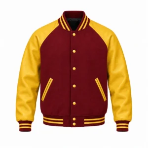 Men's cardinal wool and gold leather retro varsity jacket, front view