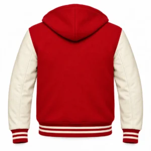 Men's Cardinal Wool / Natural Cream Leather Hooded Varsity Jacket — back view