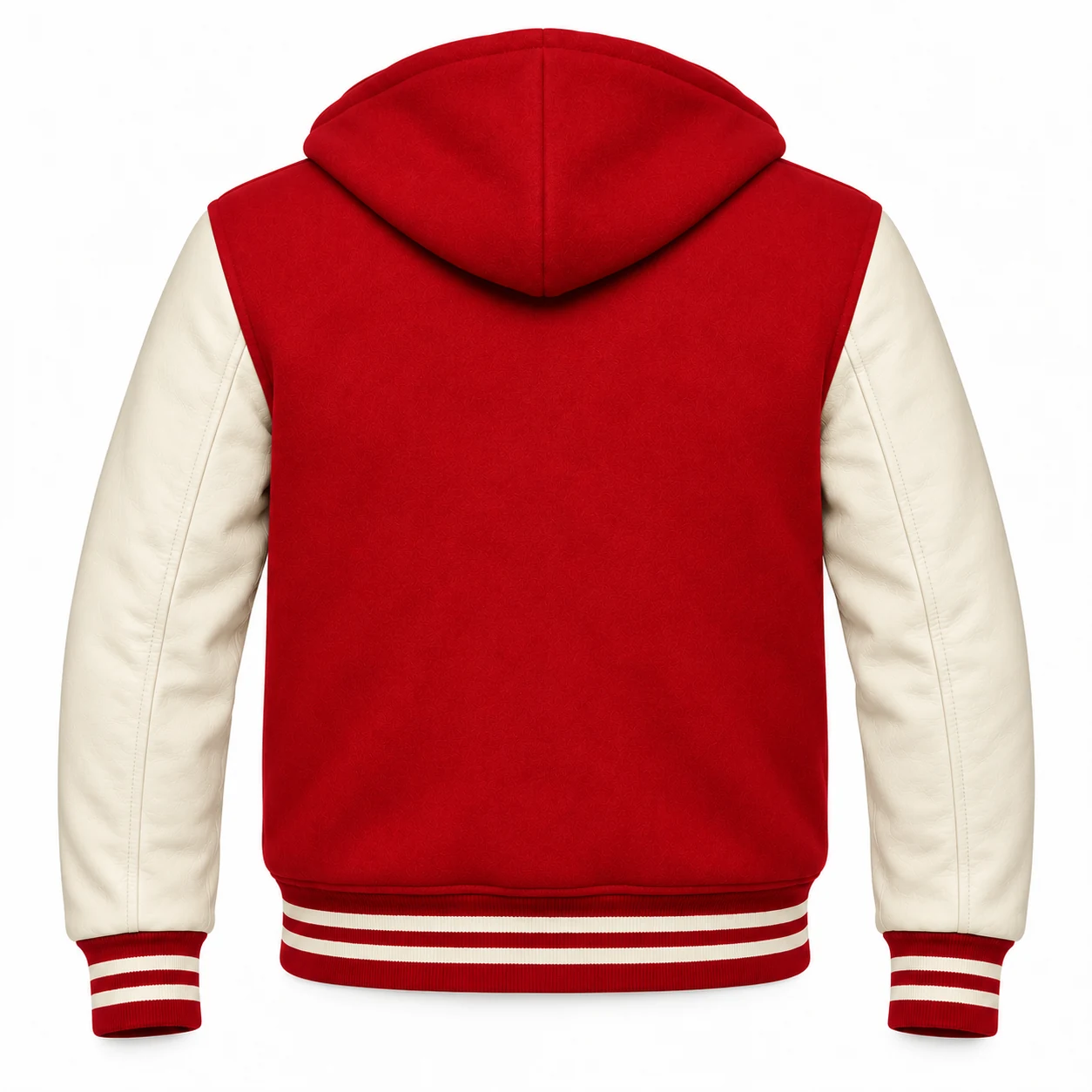 Men's Cardinal Wool / Natural Cream Leather Hooded Varsity Jacket — back view