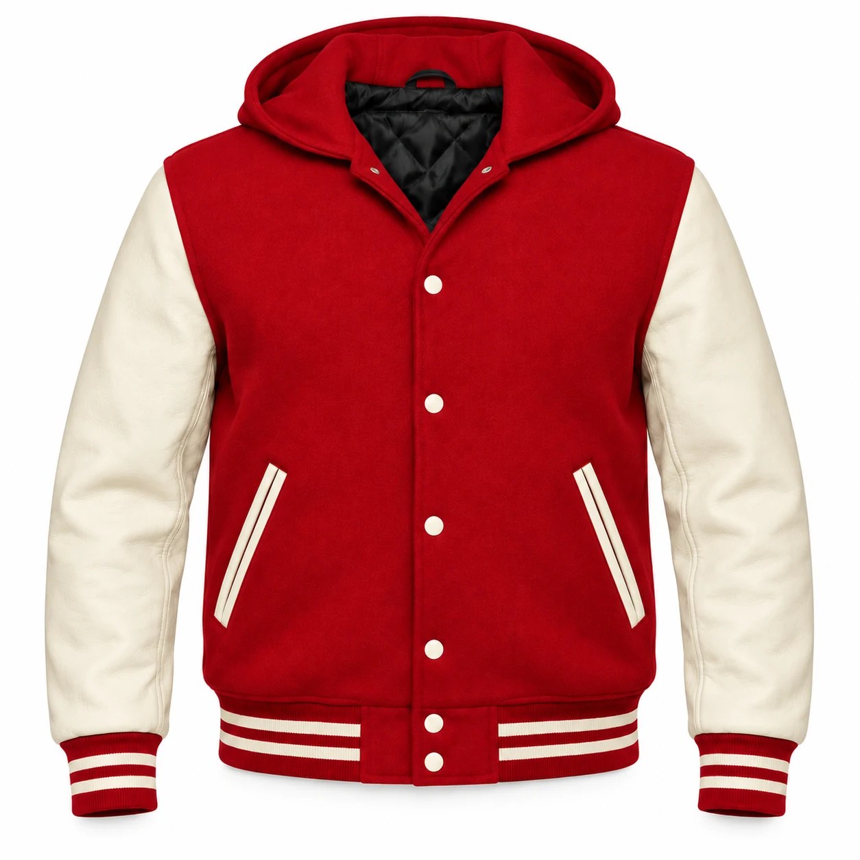 Men's Cardinal Wool / Natural Cream Leather Hooded Varsity Jacket — front view