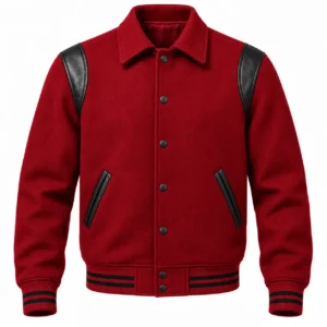 Men's Cardinal Wool Retro Varsity Jacket – Black Leather Accents - front view