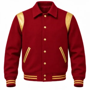 Men's Cardinal Wool Retro Varsity Jacket – Gold Leather Accents - front view