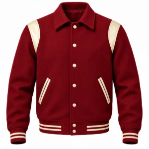 Men's Cardinal Wool Retro Varsity Jacket – Natural Cream Leather Accents - front view