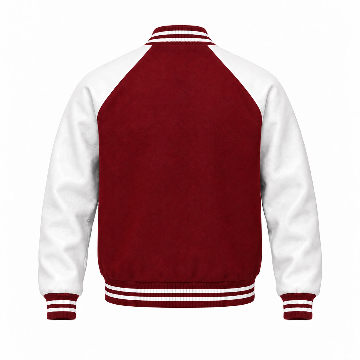 Men's cardinal wool and white leather retro varsity jacket, back view